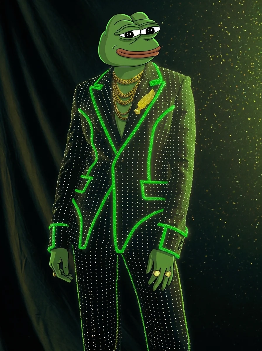 Pepe the frog in a jet-black diamond-studded suit with glowing neon-green piping, stacked gold cuban-link chains and a gold robin-feather brooch